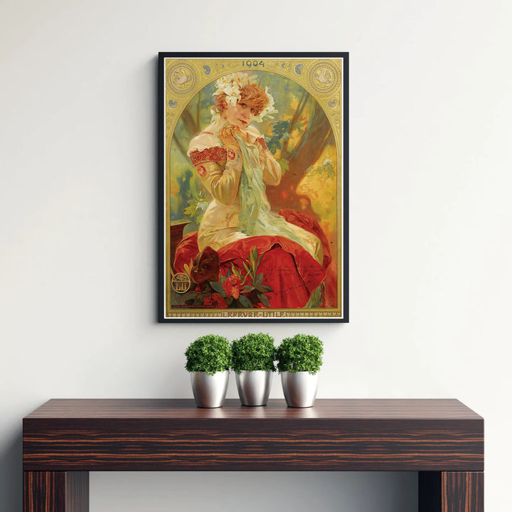 Dramatic Belle Epoque theater poster featuring actress Sarah Bernhardt in Paris France by Alphonse Mucha, available as unframed fine art prints, canvas wall art, or framed poster options at MapYourDreams.