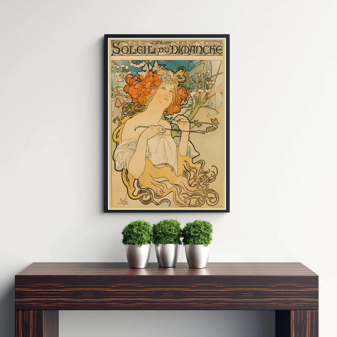 Alphonse Mucha museum exhibition poster Soleil Du Dimanche by artist Alphonse Mucha featuring magazine typography and Paris background. MapYourDreams features high-quality framed, unframed, and stretched canvas print choices.