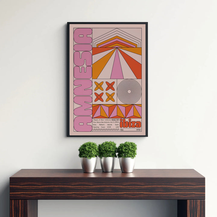 Vintage Balearic music art print featuring terracotta sun rays, pink star geometry, and classic San Antonio club details in Amnesia Ibiza, created by MapYourDreams with selections including fine art unframed paper prints, gallery stretched canvas art, or custom frame choices for entertainment rooms.