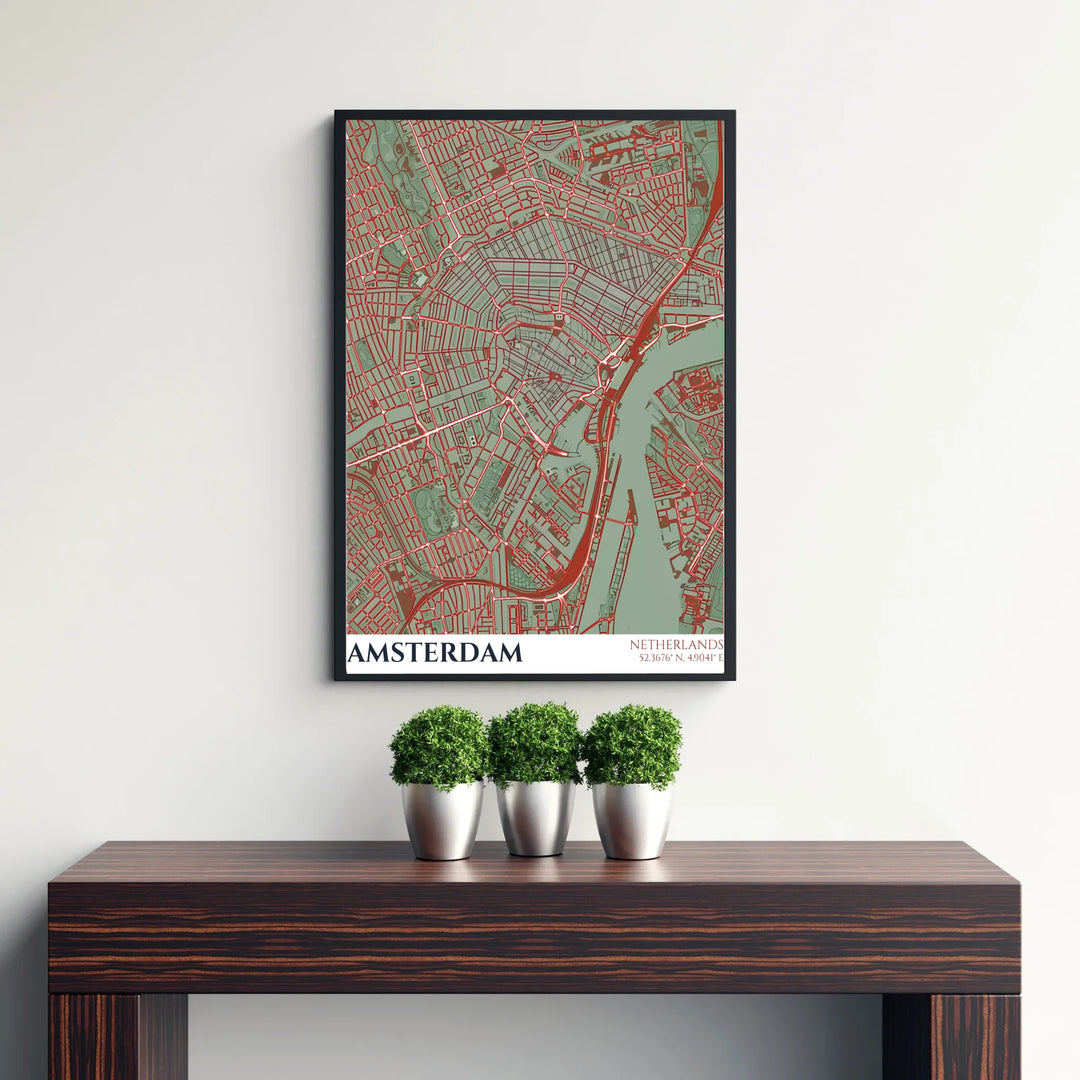 Architectural blueprint-style map poster of the Amsterdam street network highlighting terracotta roads and sage landmasses, presented by MapYourDreams with selection choices for fine art unframed paper prints, gallery stretched canvas art, or high-end custom frame choices to suit any room setup.