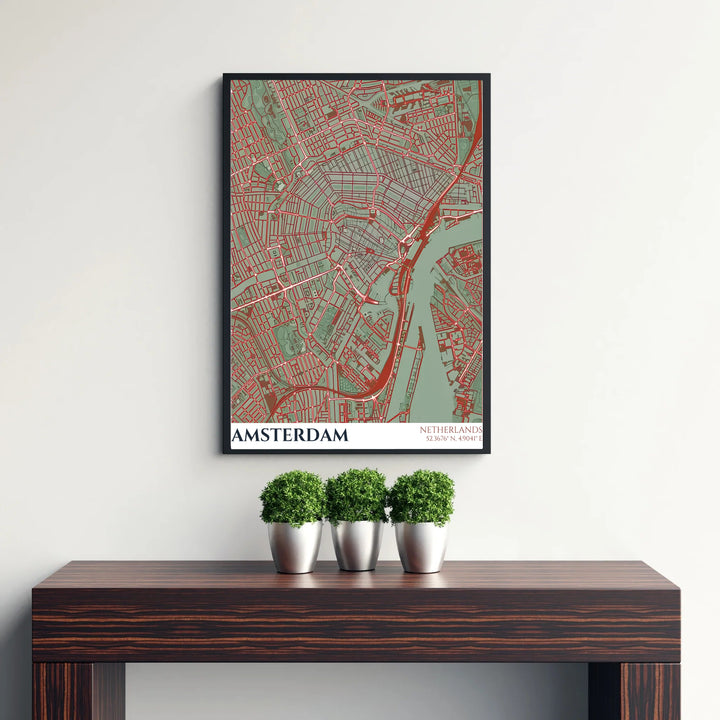 Architectural blueprint-style map poster of the Amsterdam street network highlighting terracotta roads and sage landmasses, presented by MapYourDreams with selection choices for fine art unframed paper prints, gallery stretched canvas art, or high-end custom frame choices to suit any room setup.