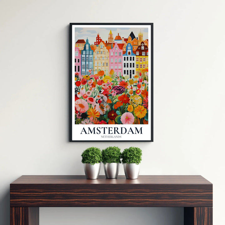 Architectural and botanical illustration poster of Amsterdam canal houses surrounded by colorful spring blossoms, presented by MapYourDreams with selection choices for fine art unframed paper prints, gallery stretched canvas art, or high-end custom frame choices to suit any room setup.
