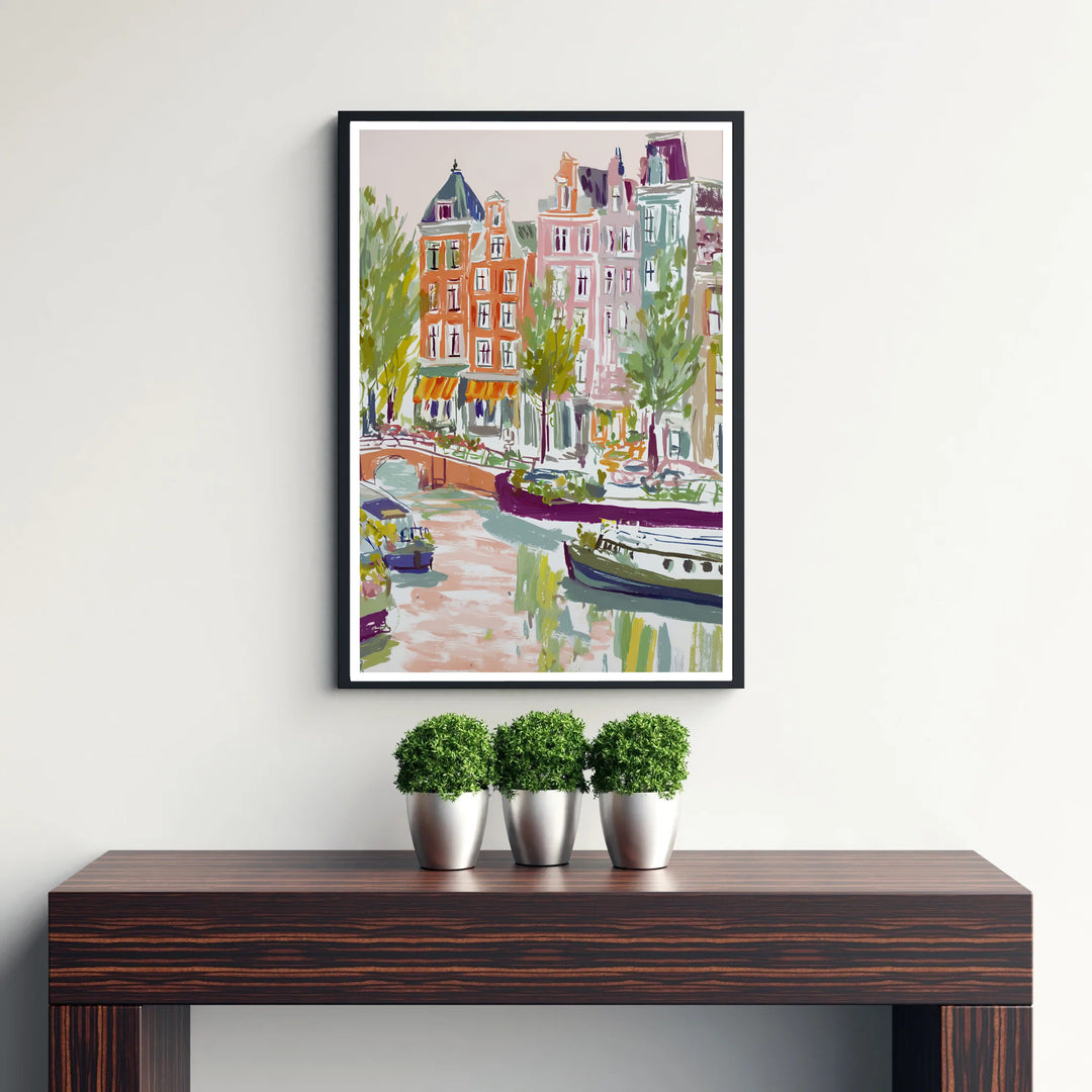 Architectural fine art poster combining painterly gouache brushstrokes with classic Amsterdam canal scenery, presented by MapYourDreams with selection choices for fine art unframed paper prints, gallery stretched canvas art, or high-end custom frame choices to suit any setup.