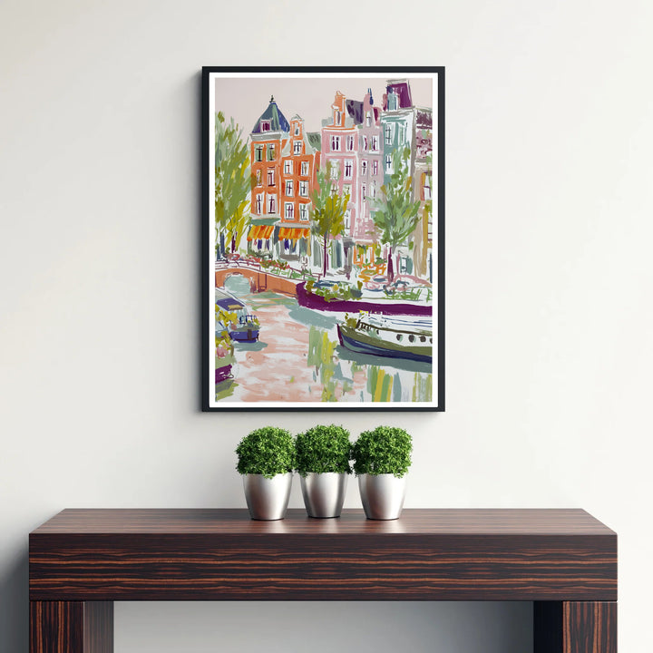 Architectural fine art poster combining painterly gouache brushstrokes with classic Amsterdam canal scenery, presented by MapYourDreams with selection choices for fine art unframed paper prints, gallery stretched canvas art, or high-end custom frame choices to suit any setup.
