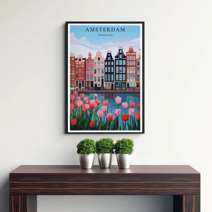 Architectural vector poster combining crisp gabled building outlines with vibrant spring tulips in Amsterdam, presented by MapYourDreams with selection choices for fine art unframed paper prints, gallery stretched canvas art, or high-end custom frame choices to suit any setup.
