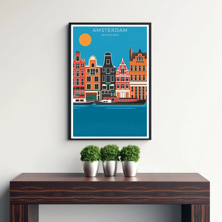 Architectural vector poster combining crisp gabled building silhouettes with a glowing golden sun in Amsterdam, presented by MapYourDreams with selection choices for fine art unframed paper prints, gallery stretched canvas art, or high-end custom frame choices to suit any setup.