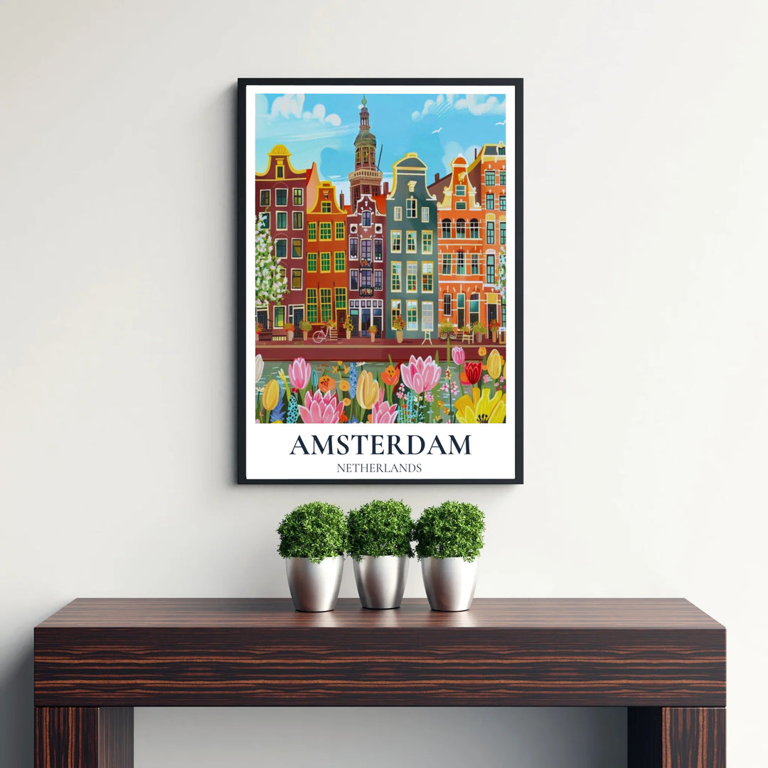 Spring travel illustration poster depicting serene water reflections, canal houses, and blooming garden tulips in Amsterdam Netherlands, produced by MapYourDreams with choices for unframed paper prints, museum gallery canvas, or custom frames in pure gold, silver, and retro white.