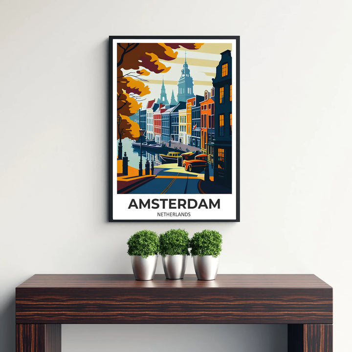 Architectural screen-print art poster combining iconic church spires with golden autumn foliage along an Amsterdam canal, created by MapYourDreams with selections including fine art unframed paper prints, gallery stretched canvas art, or high-end custom frame choices to complement any setup.