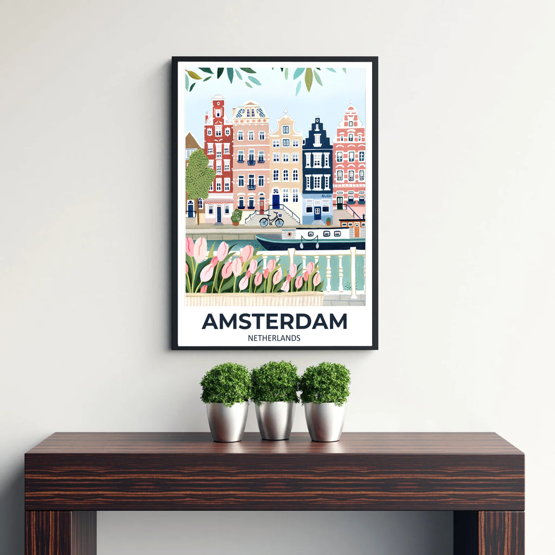 Whimsical travel illustration poster depicting peaceful canal reflections, a moored house boat, and soft pink tulip gardens in Amsterdam Netherlands, produced by MapYourDreams with available options for an unframed poster print, museum gallery canvas, or custom frames in pure gold, silver, and retro white.