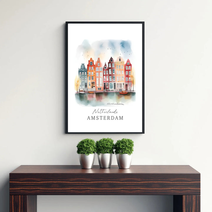 Architectural watercolor art poster combining storybook gabled silhouettes with soft water reflections along an Amsterdam canal, created by MapYourDreams with selections including fine art unframed paper prints, gallery stretched canvas art, or custom frame choices for subtle wall decor.