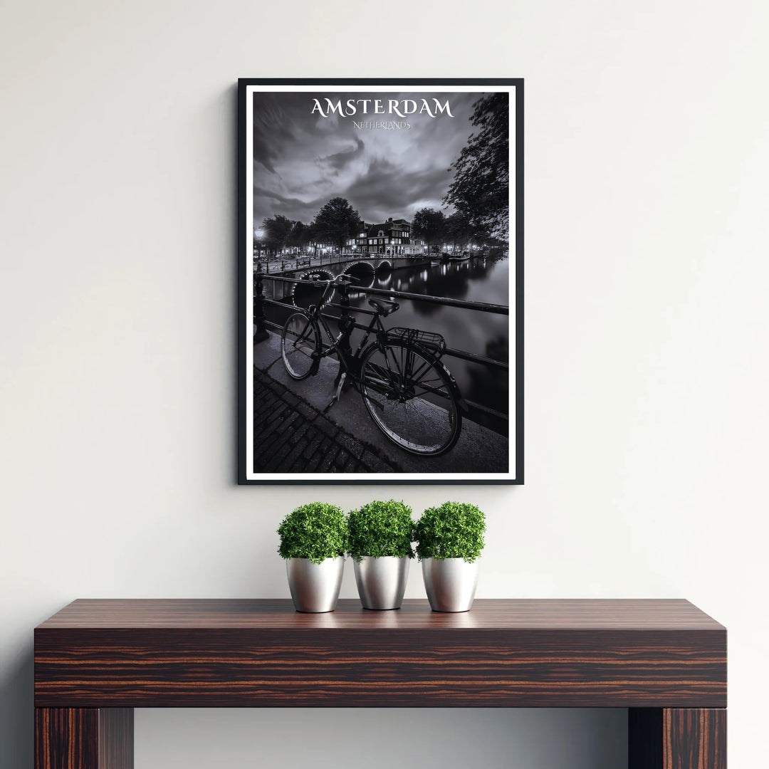 Architectural monochrome photo poster combining illuminated canal arches with a classic bicycle silhouette in Amsterdam, created by MapYourDreams with selections including fine art unframed paper prints, gallery stretched canvas art, or custom frame choices for dramatic wall decor.