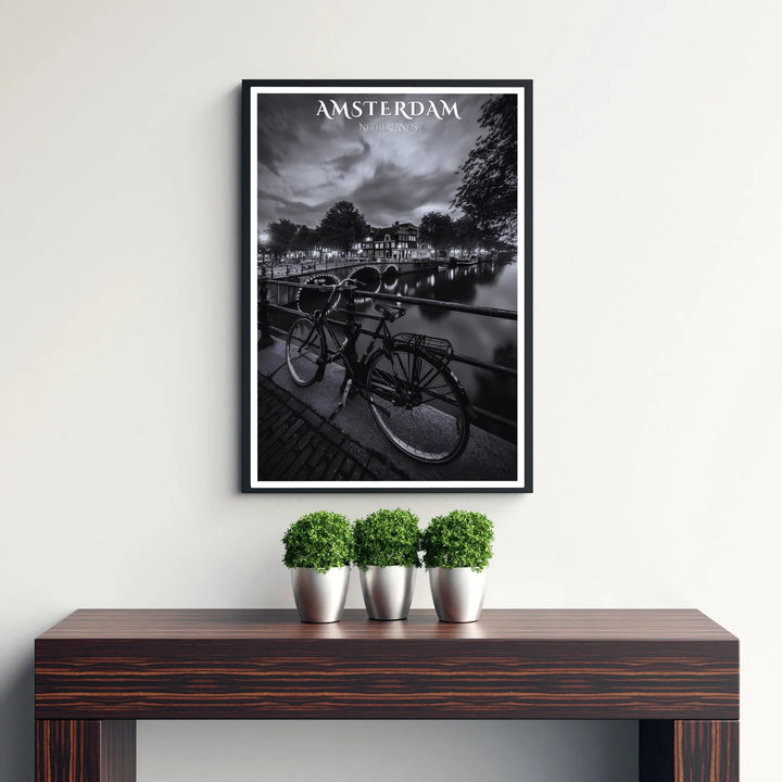Architectural monochrome photo poster combining illuminated canal arches with a classic bicycle silhouette in Amsterdam, created by MapYourDreams with selections including fine art unframed paper prints, gallery stretched canvas art, or custom frame choices for dramatic wall decor.