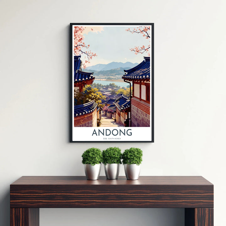 Picturesque Asian travel poster highlighting Hahoe Folk Village in Andong, South Korea, with a winding river, mountain backdrop, and traditional Hanok architecture. Offered by MapYourDreams, this artwork is available in flexible options including unframed paper, custom wooden frames, and gallery canvas wraps.