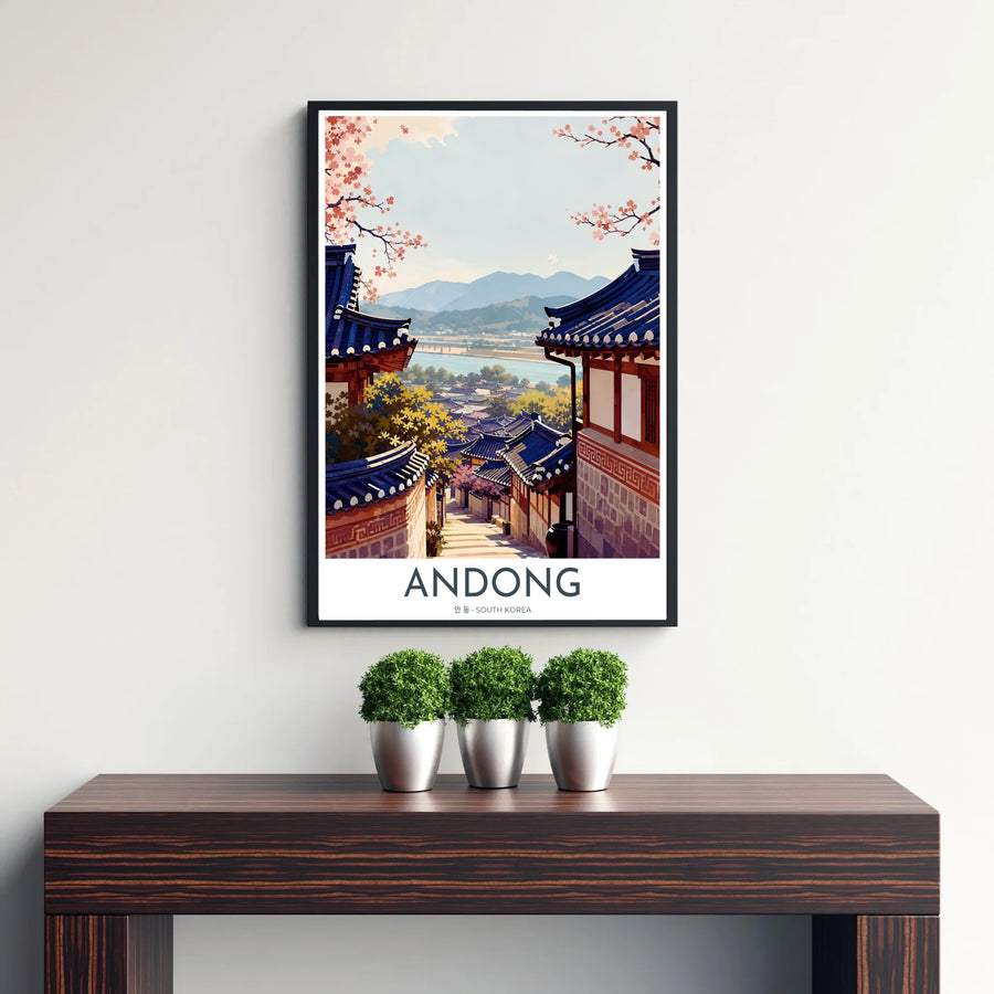 Picturesque Asian travel poster highlighting Hahoe Folk Village in Andong, South Korea, with a winding river, mountain backdrop, and traditional Hanok architecture. Offered by MapYourDreams, this artwork is available in flexible options including unframed paper, custom wooden frames, and gallery canvas wraps.