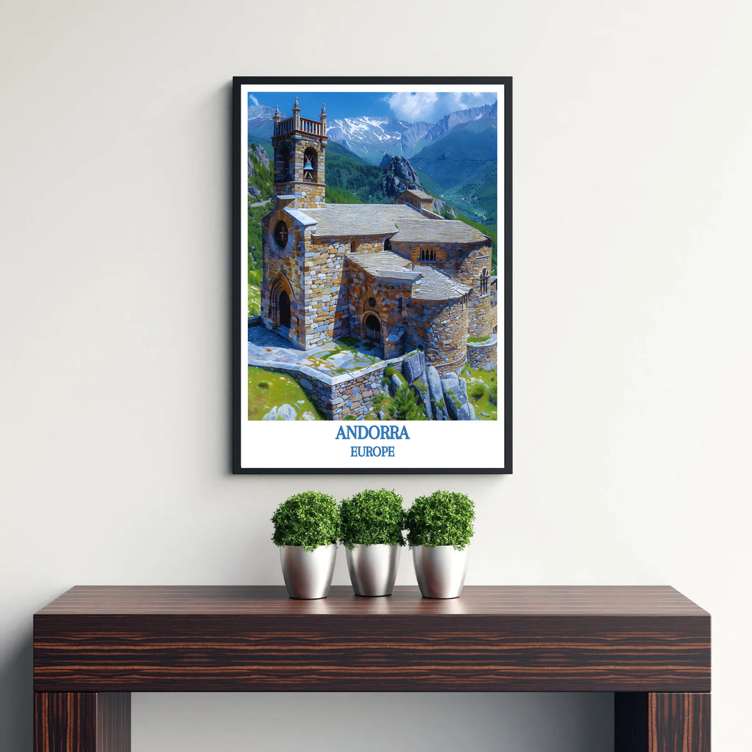 Inspired by classic vintage travel art, this Sant Joan de Caselles Church Andorra print features picturesque Pyrenean scenery. Explore versatile framed, unframed, and canvas options available at MapYourDreams.