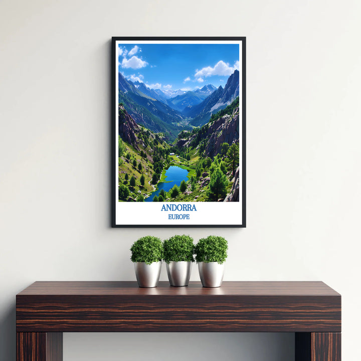 Inspired by classic vintage travel art, this Valley of Madriu-Perafita-Claror Andorra print displays breathtaking Pyrenean scenery. Explore versatile framed, unframed, and canvas options available at MapYourDreams.