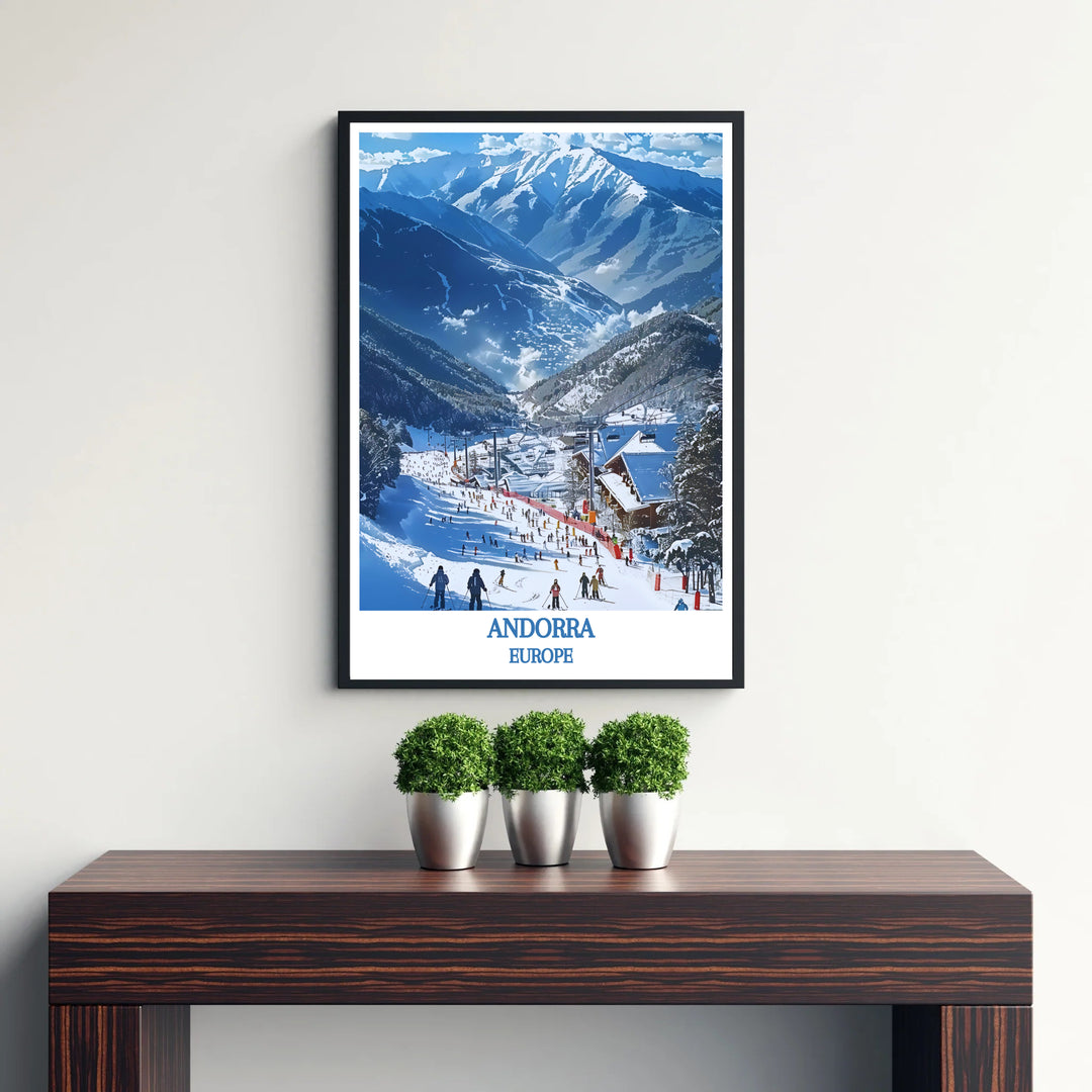 Inspired by vintage ski travel art, this Vallnord Ski Resort Andorra print features stunning Pyrenean winter scenery. Explore versatile framed, unframed, and canvas options available at MapYourDreams.