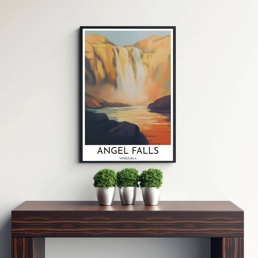 Vibrant sunset travel art print capturing the atmospheric mist, golden cliffs, and river afterglow of Angel Falls. Offered by MapYourDreams, customers can choose between standalone paper prints, ready-to-hang wooden frames, and gallery canvas wraps.