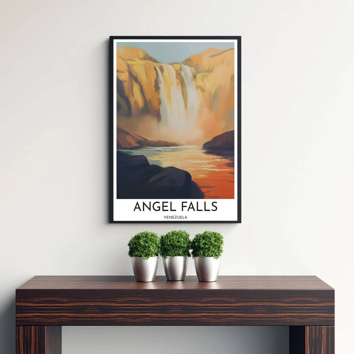 Vibrant sunset travel art print capturing the atmospheric mist, golden cliffs, and river afterglow of Angel Falls. Offered by MapYourDreams, customers can choose between standalone paper prints, ready-to-hang wooden frames, and gallery canvas wraps.