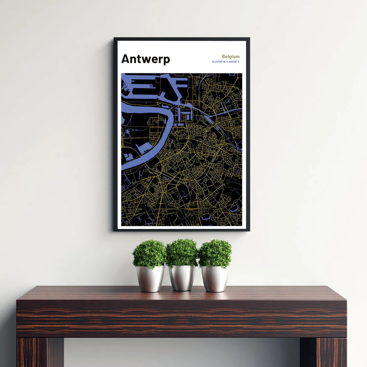 An urban map poster detailing the architectural road network and geographic markers of Antwerp, Belgium with fine gold lines on dark background paper. Choose from various formatting choices including unframed archival poster prints, custom framed options, and stretched gallery canvas styles.