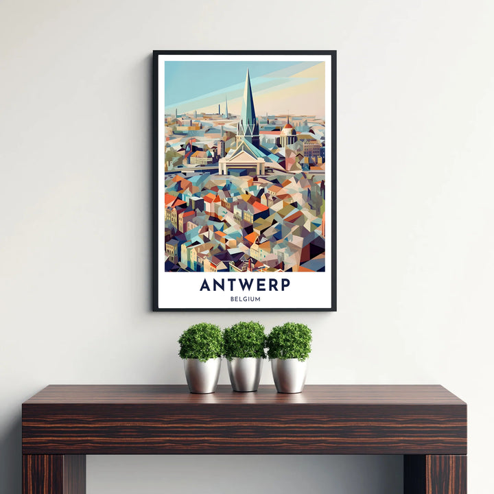 An abstract city skyline poster illustrating the historic rooftops and harbor atmosphere of Antwerp, Belgium, in a modern cubist design. Available choices for your wall include simple unframed archival prints, decorative custom frames, and gallery-wrapped stretched canvas.