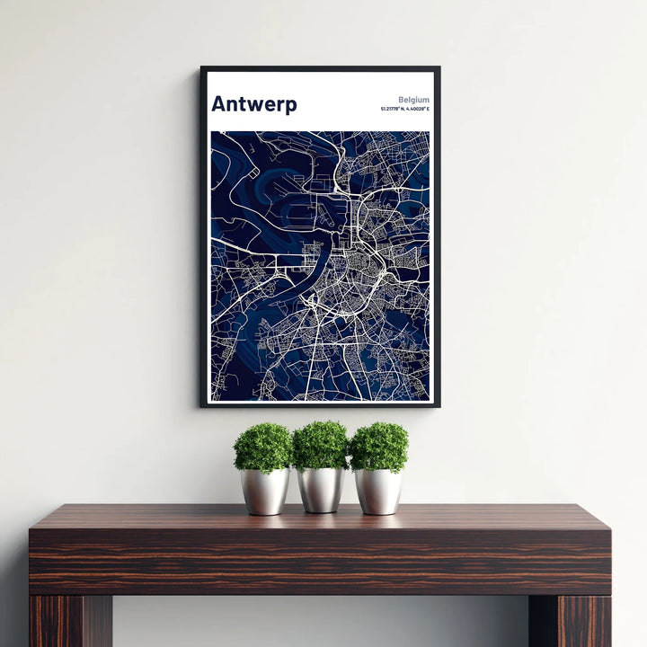 An urban map poster showcasing the street grid and geographic markers of Antwerp, Belgium, with bright white lines on a rich navy backdrop. Available from MapYourDreams in versatile choices including unframed archival poster paper, custom frames, and stretched gallery canvas formats.