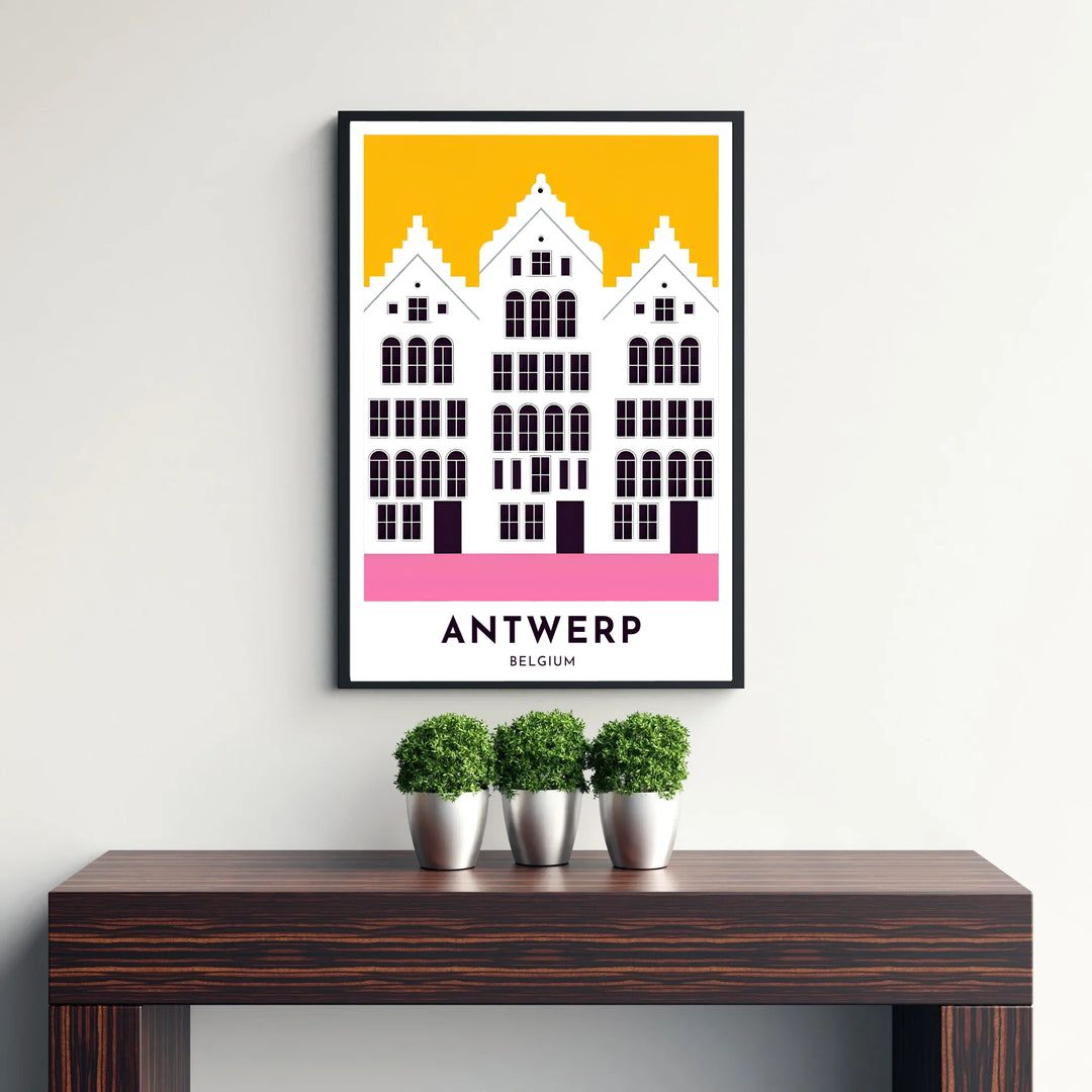 An architectural print displaying the white stepped gables and dark windows of historic buildings in Antwerp, Belgium, in mid-century modern aesthetic. Available from MapYourDreams in versatile choices including unframed archival poster paper, custom frames, and stretched gallery canvas formats.