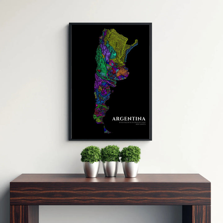 Vibrant Argentina stream network poster displaying intricate basin topography in rich shades of purple, green, orange, and blue. Offered by MapYourDreams, customers can choose between standalone paper prints, ready-to-hang wooden frames, and gallery canvas wraps.