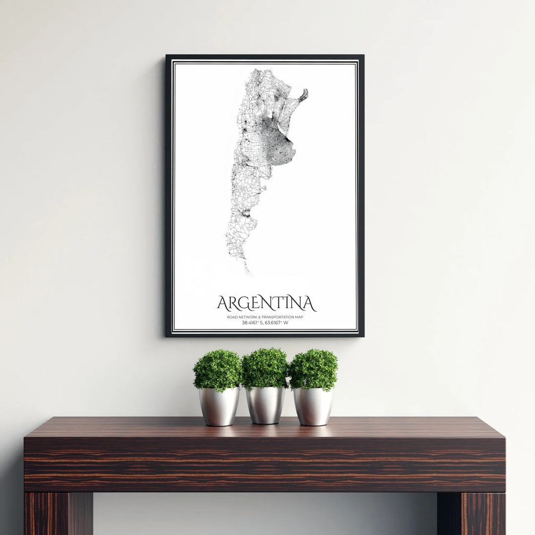 Detailed transportation route graphic of Argentina in black and white, depicting urban centers and rural highways for modern home or office decor. Available directly from MapYourDreams, this graphic is sold in versatile options such as unframed paper stock, custom-made frames, or stretched canvas wraps.