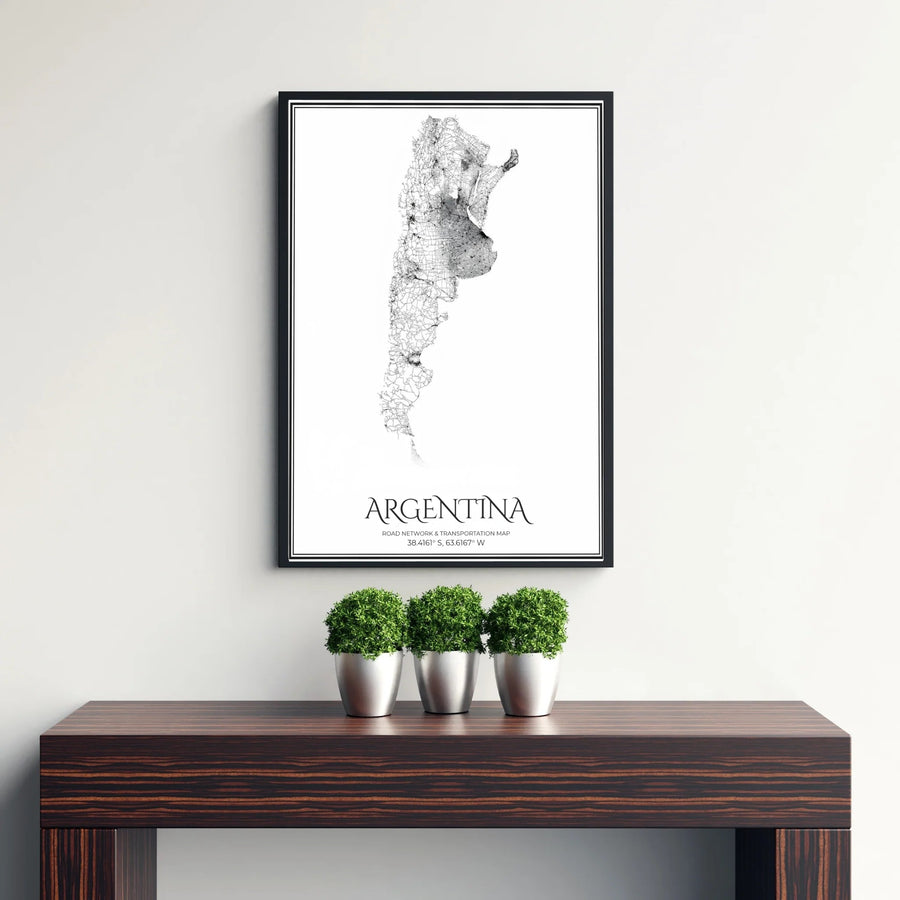 Detailed transportation route graphic of Argentina in black and white, depicting urban centers and rural highways for modern home or office decor. Available directly from MapYourDreams, this graphic is sold in versatile options such as unframed paper stock, custom-made frames, or stretched canvas wraps.