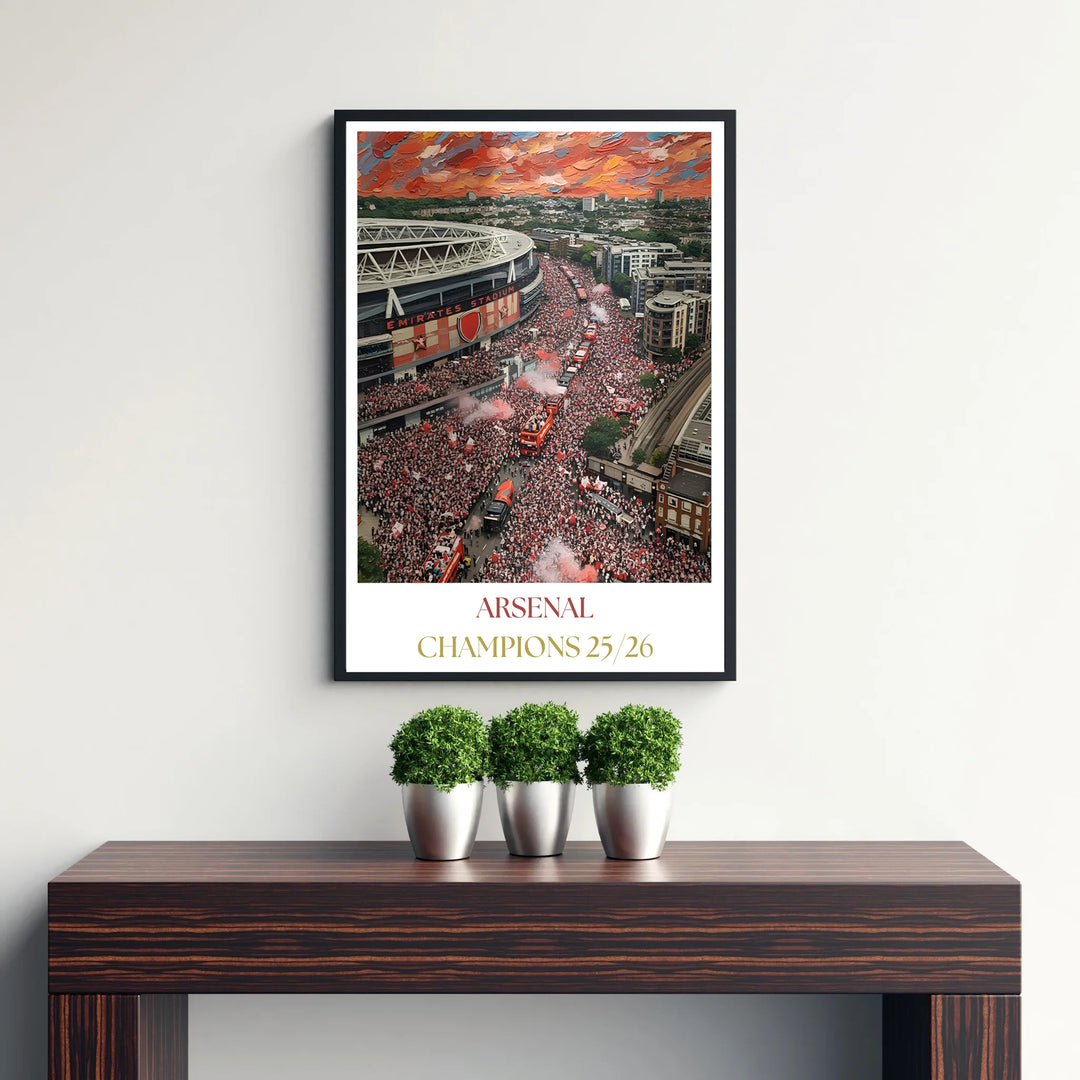 Graphic impressionist travel poster print showcasing the iconic architecture of Emirates Stadium during a title parade, available as unframed prints, framed options, or canvas wall decor for home interiors.