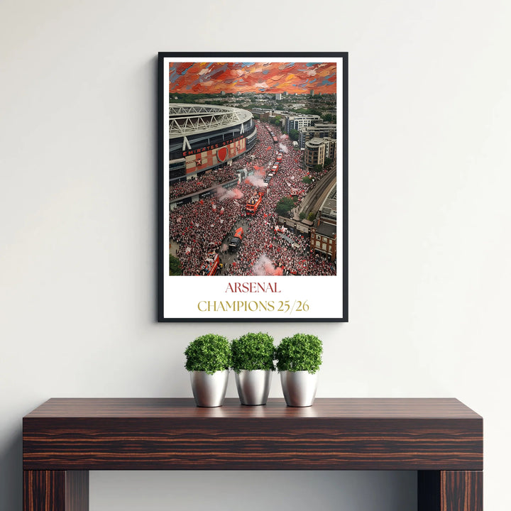 Graphic impressionist travel poster print showcasing the iconic architecture of Emirates Stadium during a title parade, available as unframed prints, framed options, or canvas wall decor for home interiors.
