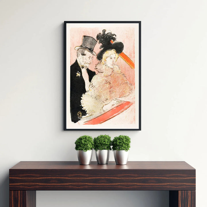 Colorful 1890s impressionist artwork At The Concert (1896), Henri de Toulouse-Lautrec showing an upper-class couple attending a musical show in Paris, France. Discover custom framed prints, unframed poster options, and stretched canvas decor at MapYourDreams for home gallery walls.
