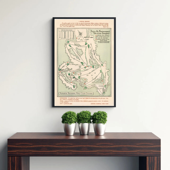 Vintage Augusta Georgia golf layout print on parchment style background displaying score card distances and spectator tips. Offered by MapYourDreams, this artwork is available in flexible options including unframed paper, custom wooden frames, and gallery canvas wraps for tailored home wall decor setups.