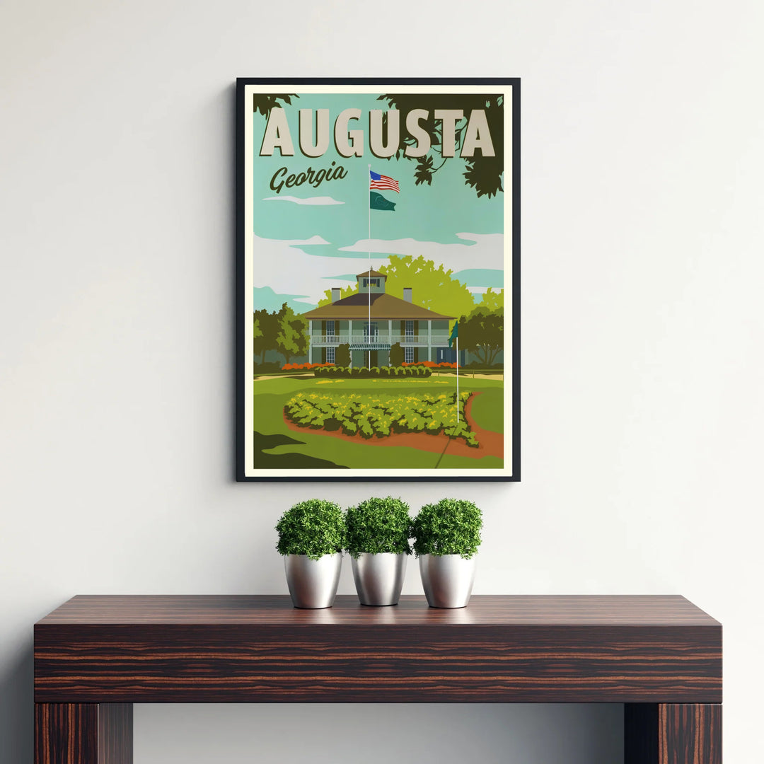 Detailed Augusta Georgia golf course poster capturing the main clubhouse building, central flagpoles, and manicured grounds. Offered by MapYourDreams, this artwork is available in flexible options including unframed paper, custom wooden frames, and gallery canvas wraps for tailored home wall decor setups.