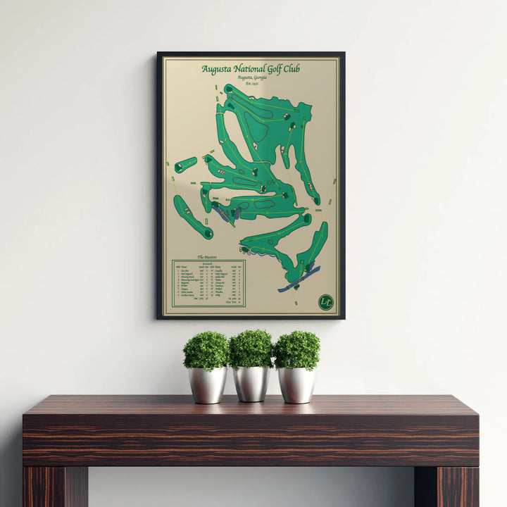 Cartographic Augusta Georgia golf course wall decor highlighting individual green complexes, tee boxes, and bunker hazards. Offered by MapYourDreams, this artwork is available in flexible options including unframed paper, custom wooden frames, and gallery canvas wraps for tailored home wall decor setups.