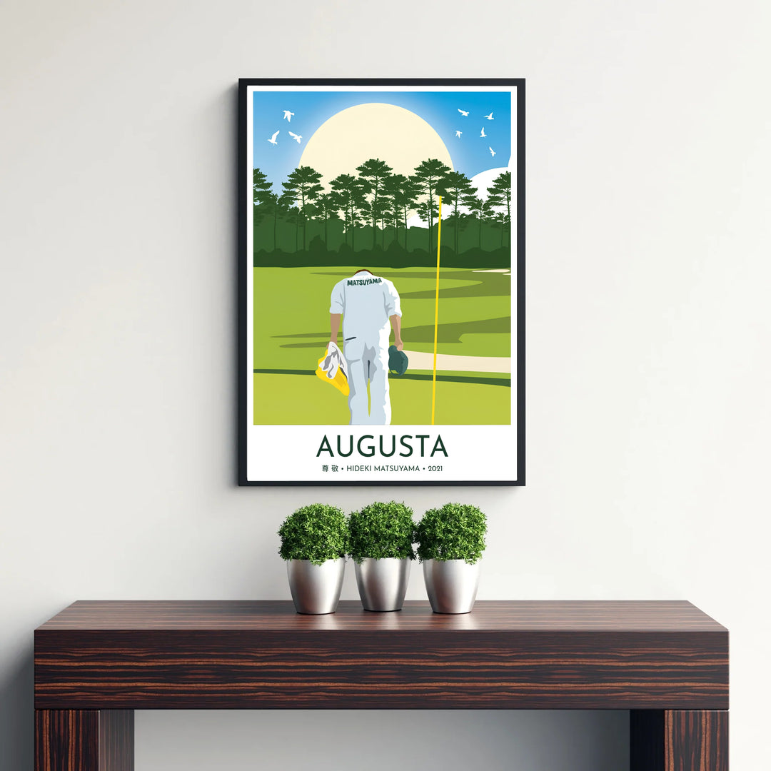 Iconic golf sportsmanship print showing the iconic caddie bow at Augusta Georgia set against a brilliant blue sky and glowing white sun sphere. Offered by MapYourDreams, this artwork is available in flexible options including unframed paper, custom wooden frames, and gallery canvas wraps for tailored home wall decor setups.