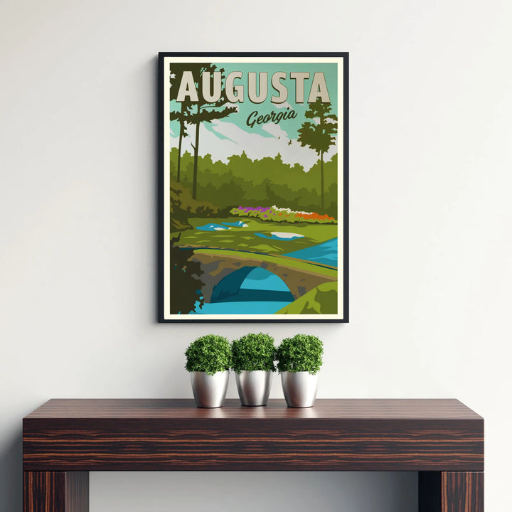 Golden Bell 12th hole golf print illustrating the tranquil stone arch bridge, bright water reflections, and blooming floral backdrop at Augusta Georgia. Offered by MapYourDreams, this artwork is available in flexible options including unframed paper, custom wooden frames, and gallery canvas wraps for tailored home wall decor setups.