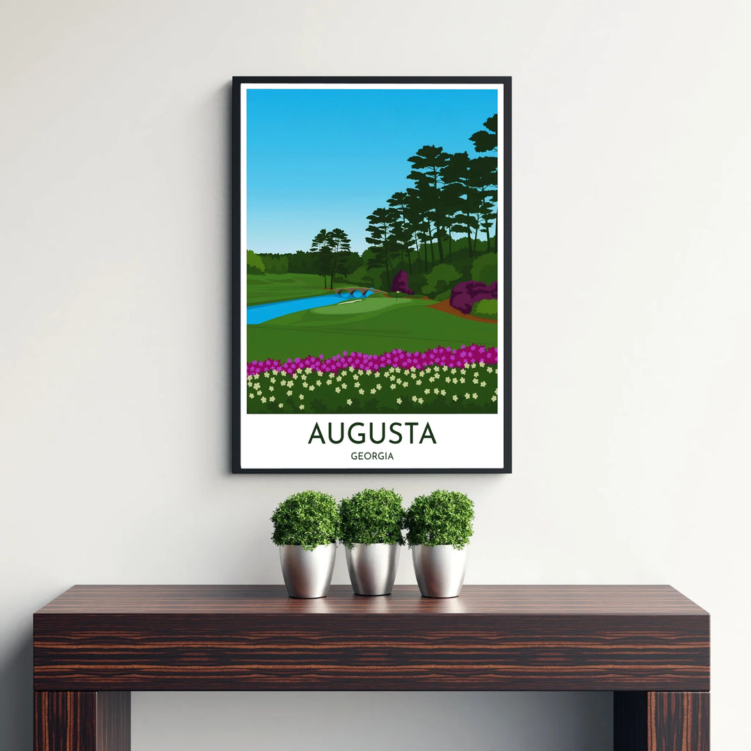 Elegant golf course canvas decor depicting the iconic Hole 12 at Amen Corner in Augusta Georgia with sharp vector lines and high-contrast colors. Offered by MapYourDreams, this artwork is available in flexible options including unframed paper, custom wooden frames, and gallery canvas wraps for tailored home wall decor setups.