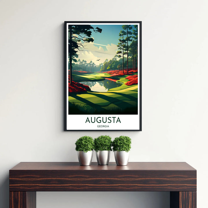 High-contrast vector style Augusta Georgia golf course print displaying serene water reflections, tall pines, and bright azalea beds. Offered by MapYourDreams, this artwork is available in flexible options including unframed paper, custom wooden frames, and gallery canvas wraps for tailored home wall decor setups.