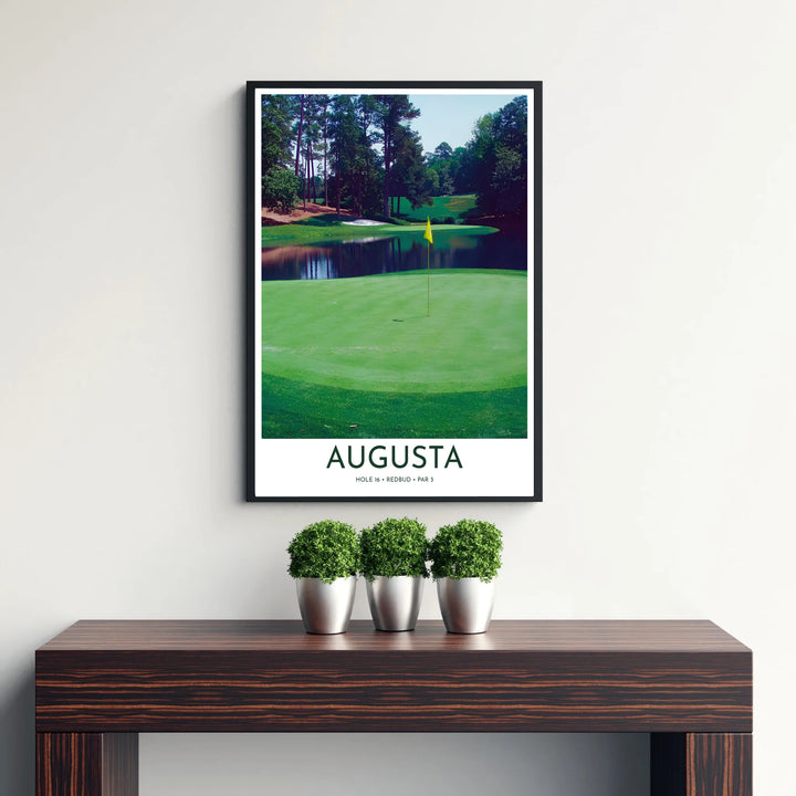 High-resolution Augusta Georgia golf course poster highlighting smooth grass contours, dark pine reflections, and pristine sand traps. Offered by MapYourDreams, this artwork is available in flexible options including unframed paper, custom wooden frames, and gallery canvas wraps for tailored home wall decor setups.