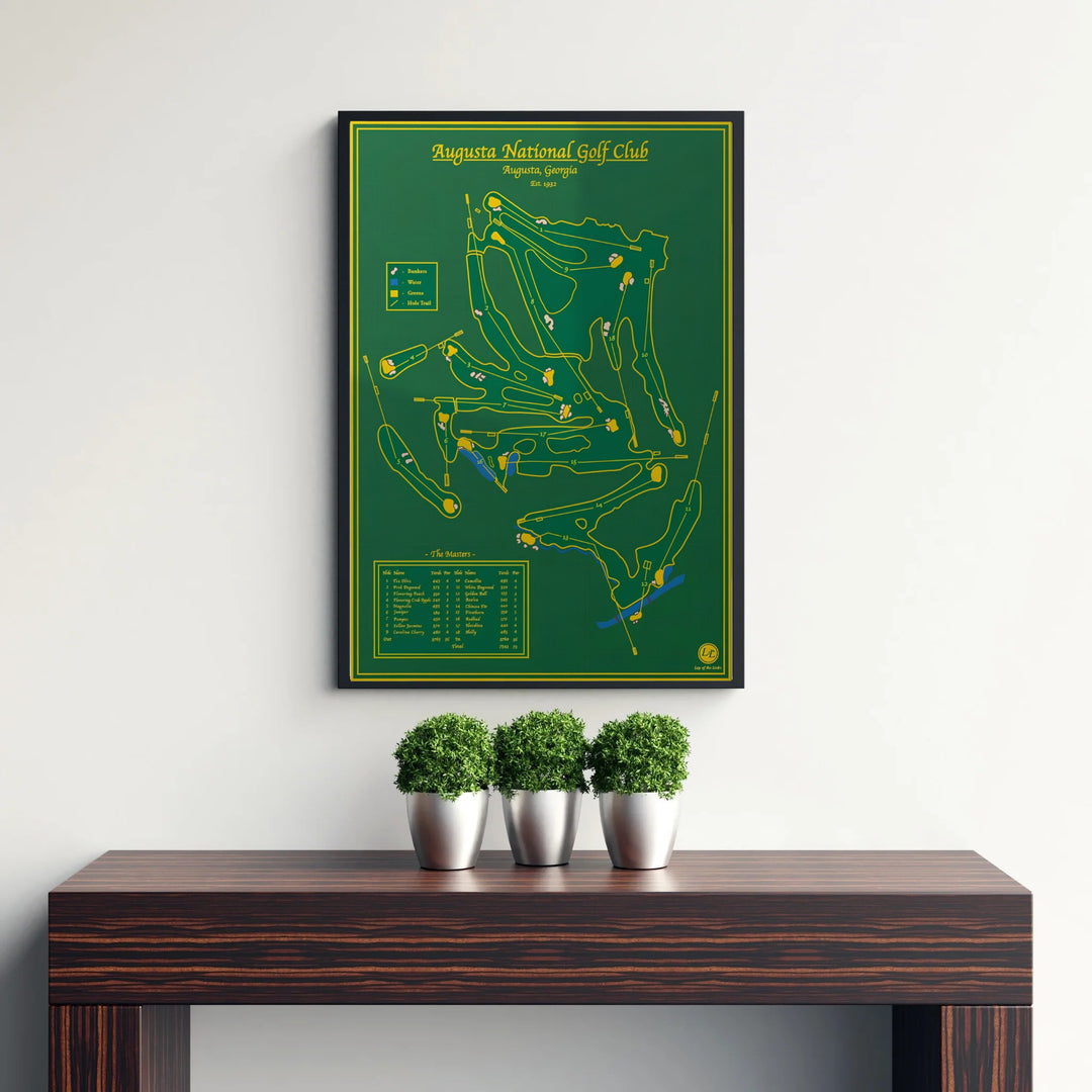 Minimalist executive golf decor print displaying the complete layout map of Augusta Georgia with gold border lining and classic serif text. Offered by MapYourDreams, this artwork is available in flexible options including unframed paper, custom wooden frames, and gallery canvas wraps for tailored home wall decor setups.