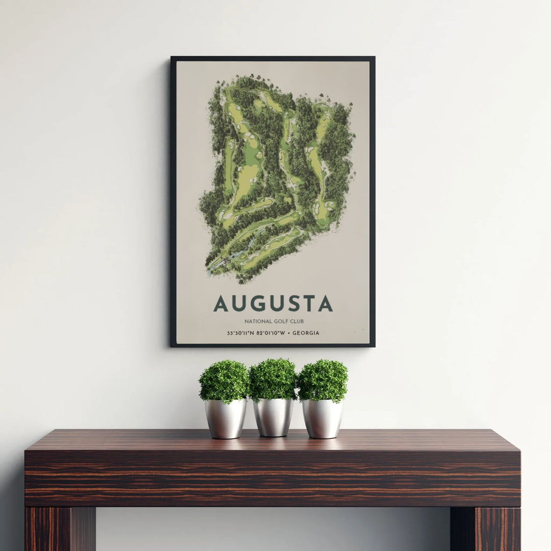 Contemporary golf course satellite art print of Augusta Georgia showing intricate tree line textures and fairway routing on warm cream archival paper. Offered by MapYourDreams, this artwork is available in flexible options including unframed paper, custom wooden frames, and gallery canvas wraps for tailored home wall decor setups.