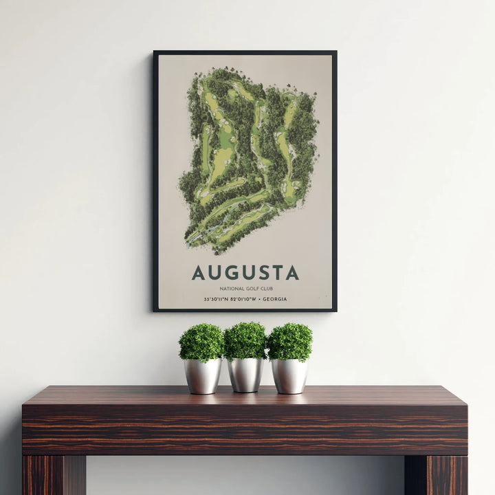 Contemporary golf course satellite art print of Augusta Georgia showing intricate tree line textures and fairway routing on warm cream archival paper. Offered by MapYourDreams, this artwork is available in flexible options including unframed paper, custom wooden frames, and gallery canvas wraps for tailored home wall decor setups.