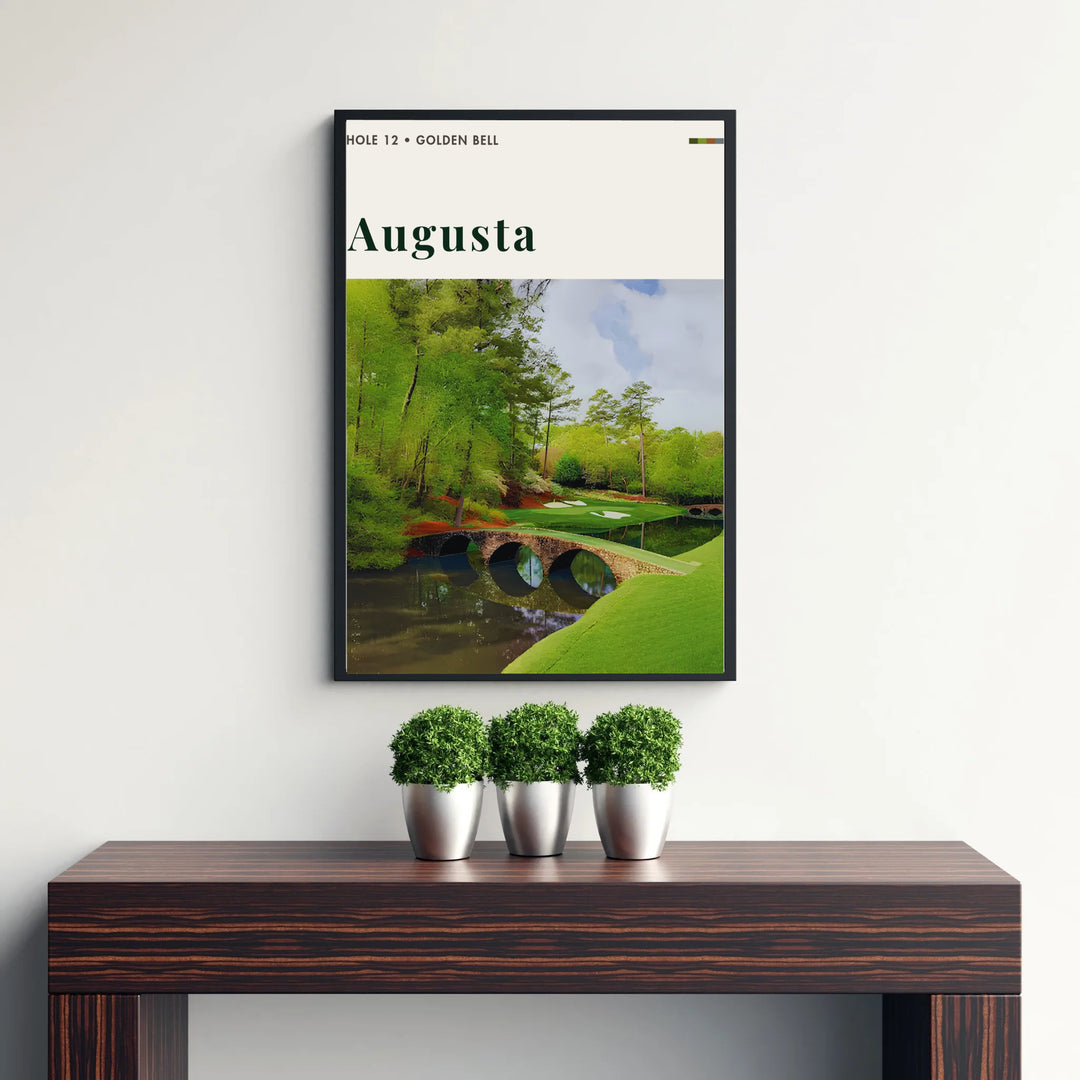 High-resolution Augusta Georgia golf course poster highlighting pristine green turf banks, stone bridge architecture, and background white sand bunkers. Offered by MapYourDreams, this artwork is available in flexible options including unframed paper, custom wooden frames, and gallery canvas wraps for tailored home wall decor setups.