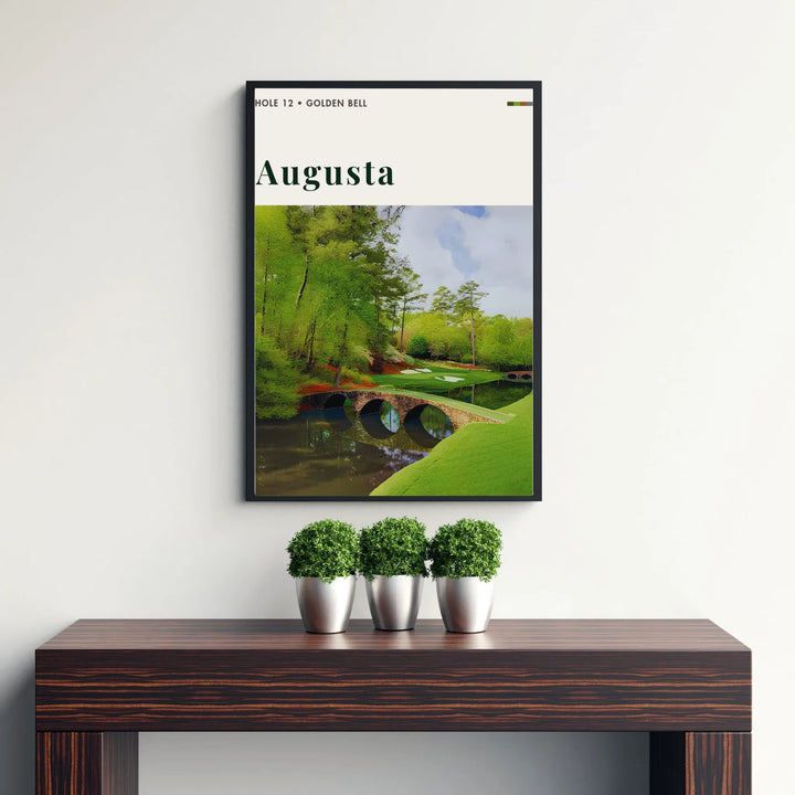 High-resolution Augusta Georgia golf course poster highlighting pristine green turf banks, stone bridge architecture, and background white sand bunkers. Offered by MapYourDreams, this artwork is available in flexible options including unframed paper, custom wooden frames, and gallery canvas wraps for tailored home wall decor setups.