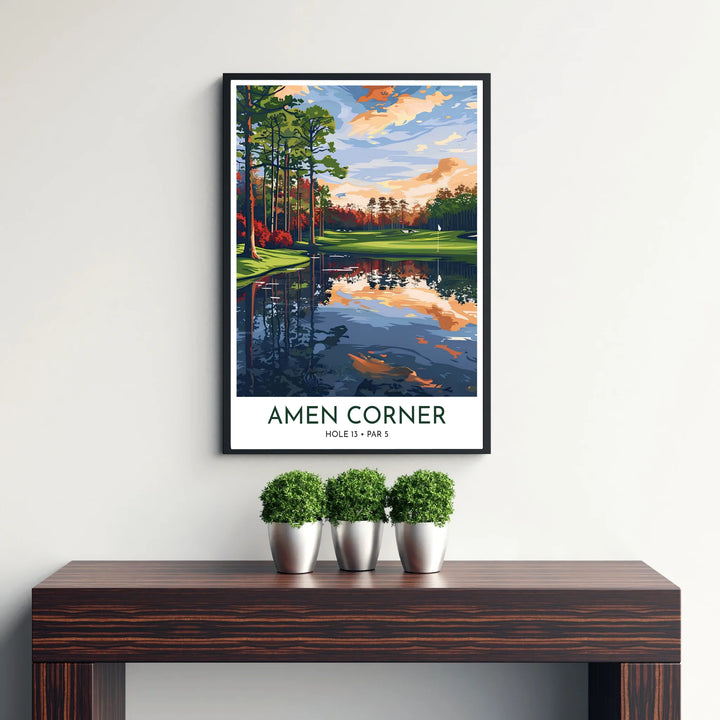 WPA style landscape golf poster illustrating crisp green fairway contours, dark blue water shadows, and glowing sky reflections in Augusta Georgia. Offered by MapYourDreams, this artwork is available in flexible options including unframed paper, custom wooden frames, and gallery canvas wraps for tailored home wall decor setups.