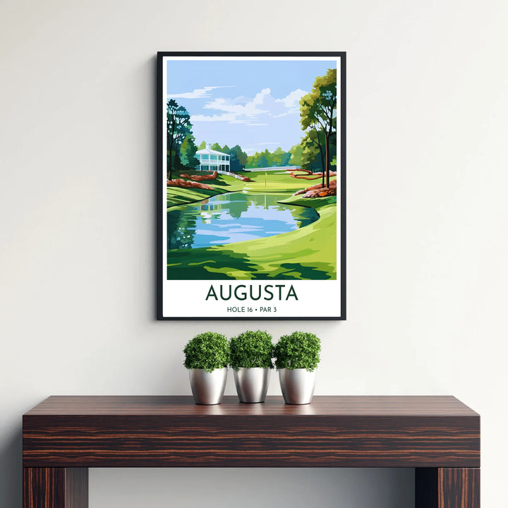 WPA style landscape golf poster displaying sculpted bunker sands, vibrant green turf slopes, and surrounding pine forest in Augusta Georgia. Offered by MapYourDreams, this artwork is available in flexible options including unframed paper, custom wooden frames, and gallery canvas wraps for tailored home wall decor setups.