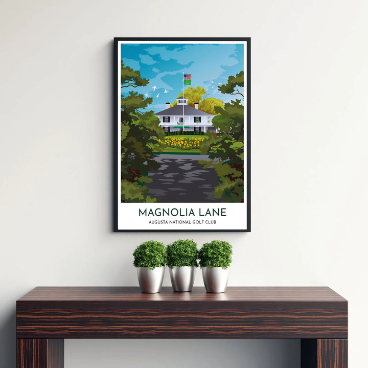 WPA style landscape golf poster displaying crisp white building architecture, green shutters, yellow flowers, and surrounding forest canopy in Augusta Georgia. Offered by MapYourDreams, this artwork is available in flexible options including unframed paper, custom wooden frames, and gallery canvas wraps for tailored home wall decor setups.