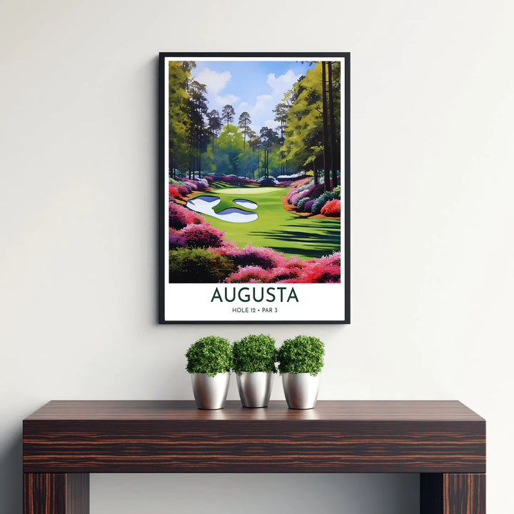 Impressionist landscape golf poster displaying pristine white bunker sand, vibrant green turf slopes, and surrounding woodland in Augusta Georgia. Offered by MapYourDreams, this artwork is available in flexible options including unframed paper, custom wooden frames, and gallery canvas wraps for tailored home wall decor setups.